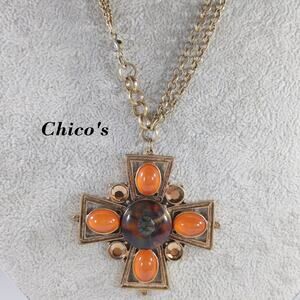 Chico's Maltese Cross Pendant Necklace, Orange Cabochons, Rhinestone, 35" Chain